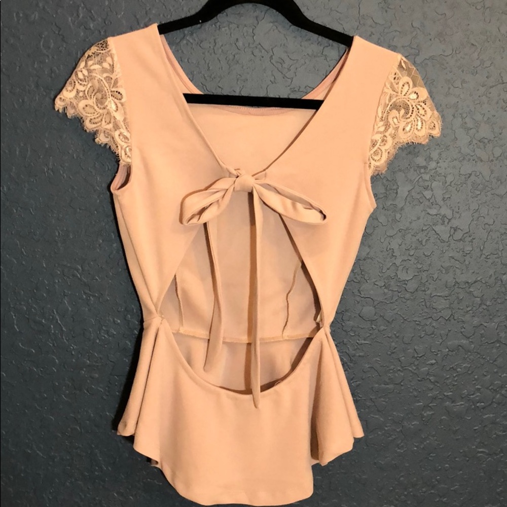 Nude blush Peplum open back top blouse with lace cap sleeve